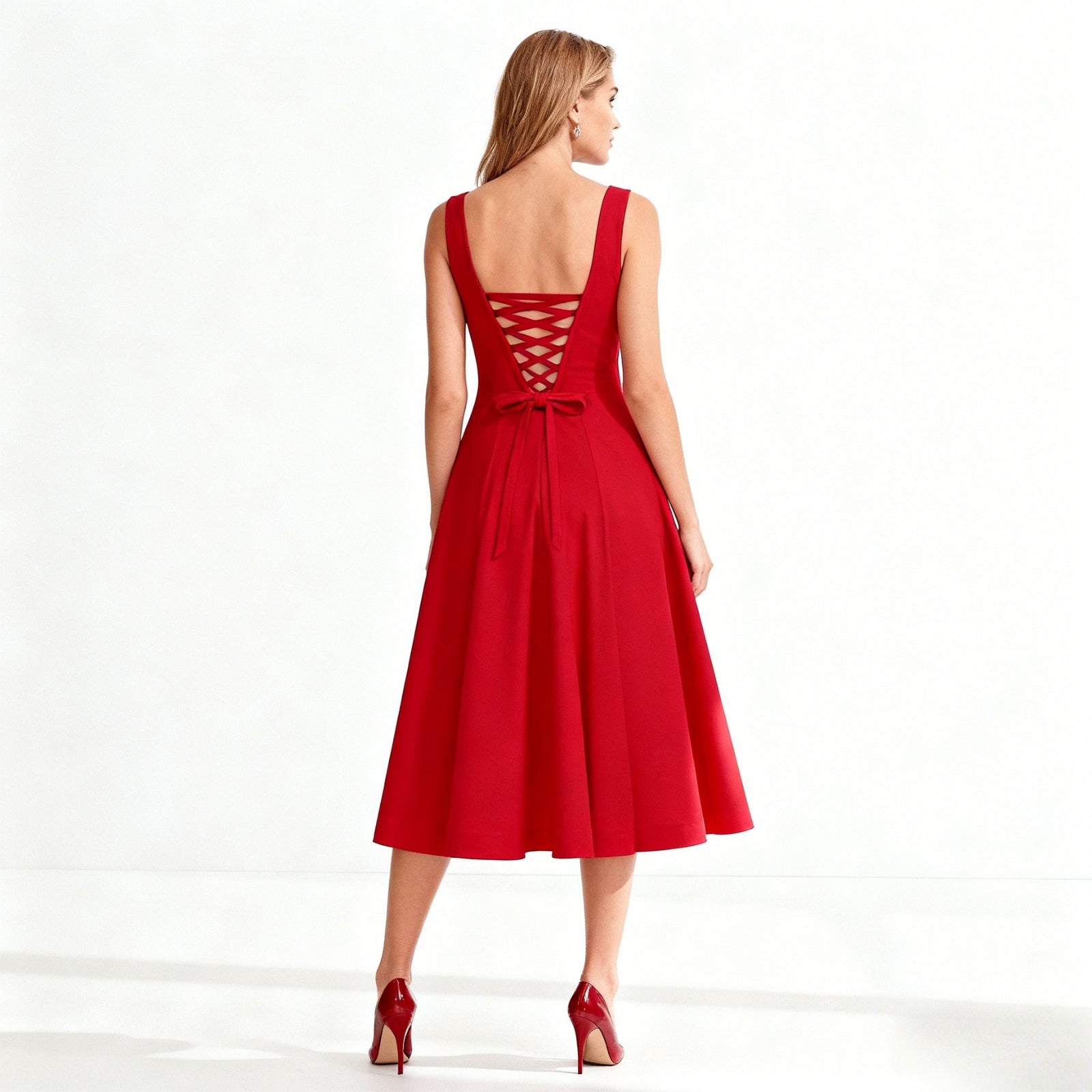 Red dress with a lace-up back on a white background