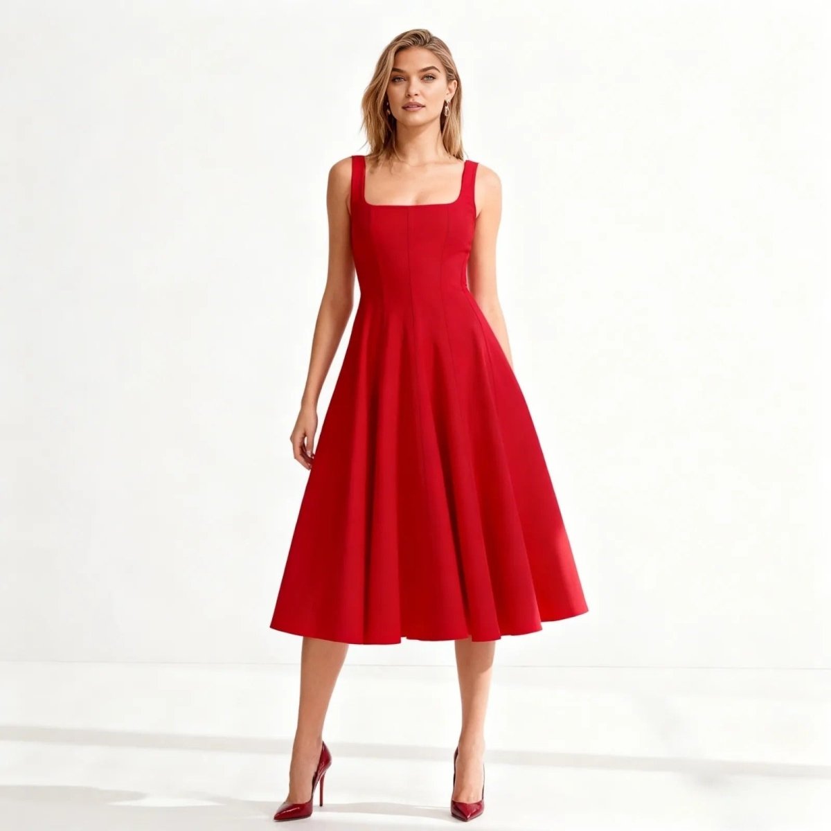 Square Neck Corset Midi Dress | Vintage 50s Fit & Flare Cocktail Gown