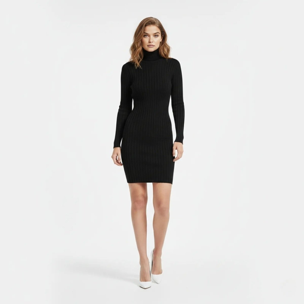 Woman wearing the Kouvr Fashion black long sleeve turtleneck bodycon dress.