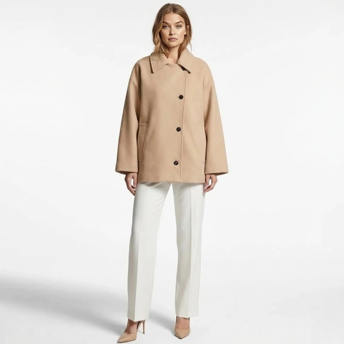 A woman models The Virginia oversized khaki wool car coat from Kouvr Fashion, paired with white tailored trousers and nude heels, showcasing its minimalist design.