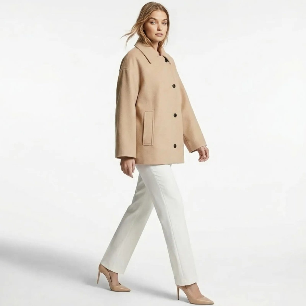 Side profile of a woman walking in the Kouvr Fashion Virginia short khaki wool coat, highlighting the elegant drape of its cocoon silhouette and wide sleeves.