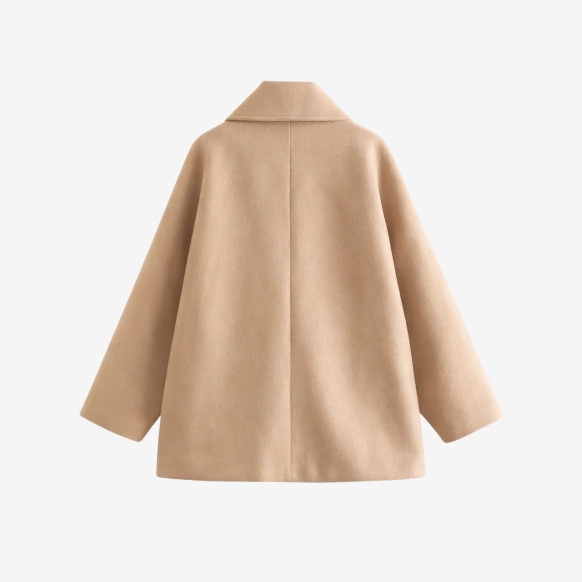 Back view product flatlay of the Kouvr Fashion Virginia wool car coat in khaki, showing the central seam and minimalistVirginiaunadorned design.