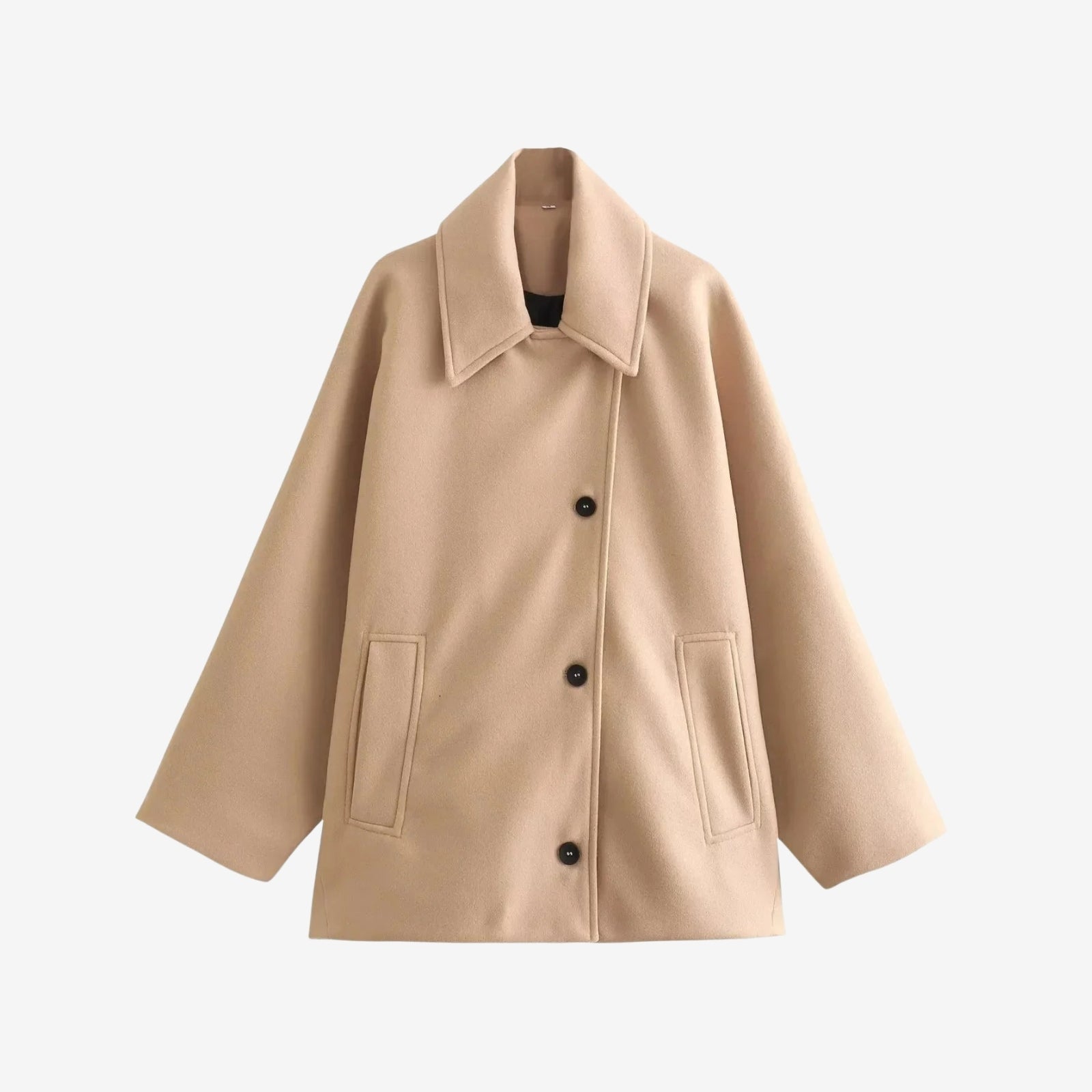 Product flatlay of the Kouvr Fashion Virginia oversized khaki wool coat against a white background, detailing the collar, asymmetrical button placement, and welt pockets.