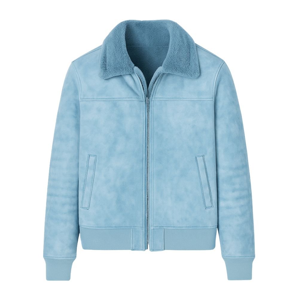 Model wearing the Kouvr Fashion men's sky blue shearling-lined aviator jacket