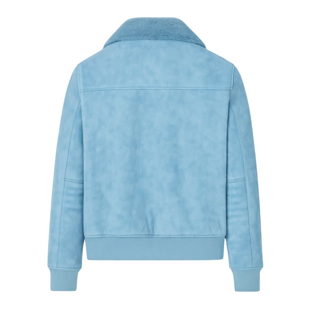 Model wearing the Kouvr Fashion men's sky blue shearling-lined aviator jacket