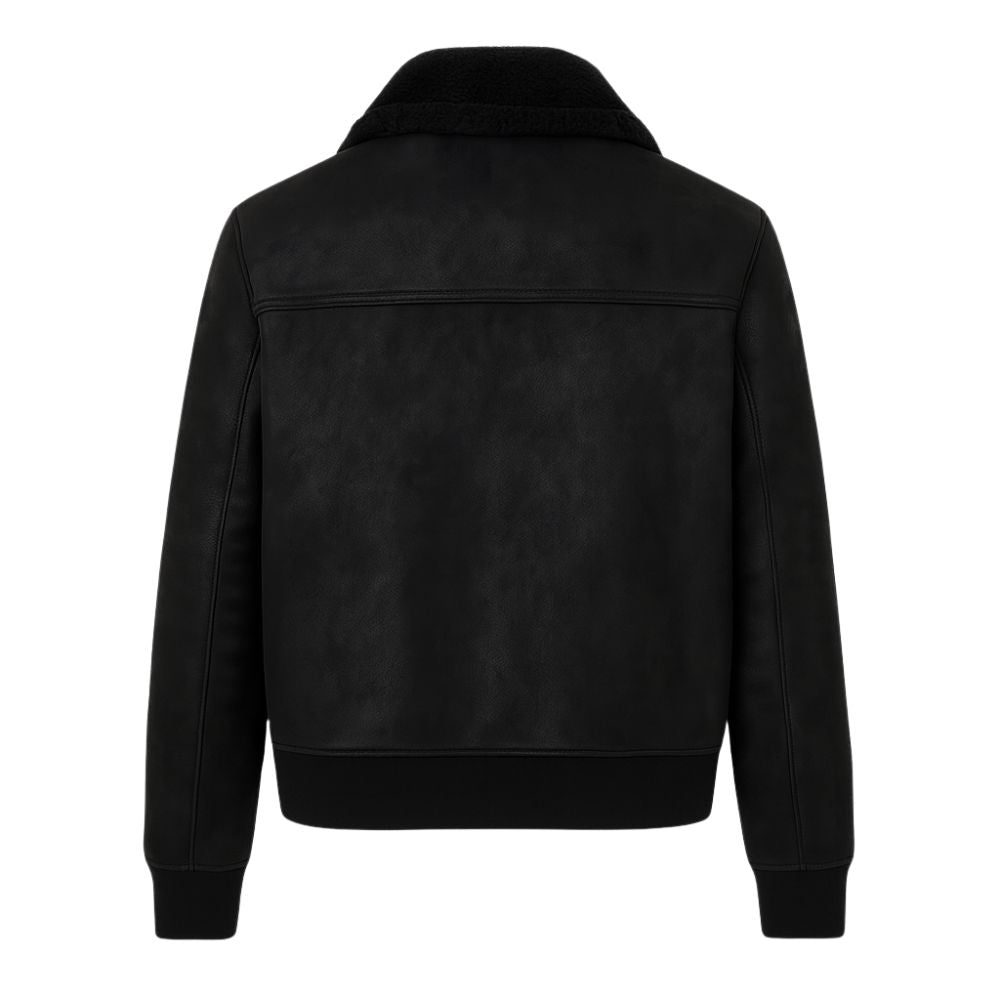 Men's Black Leather Shearling Biker Jacket by Kouvr Fashion worn on city street