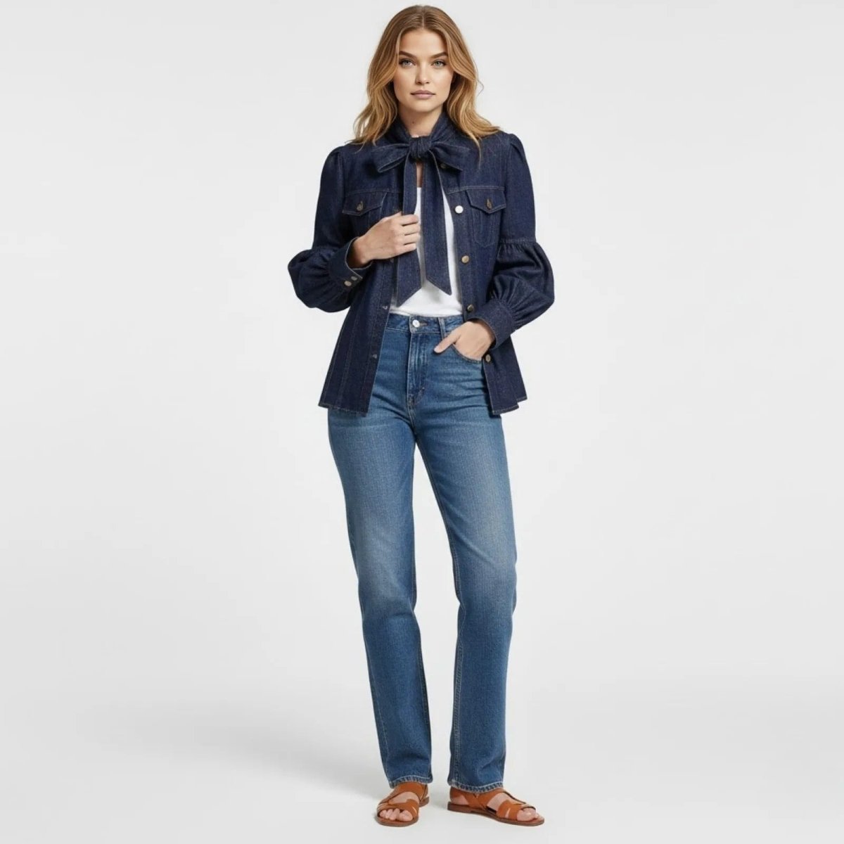 Model wearing the Kouvr Fashion dark wash denim blouse with a Alberta bow tie neck and puff sleeves, styled with straight-leg blue jeans and brown sandals.