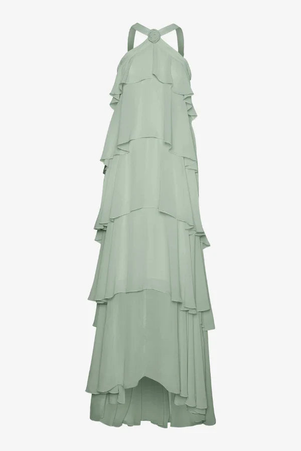 flowy chiffon', 'romantic', 'bridesmaid', 'summer gala', and 'sleeveless A-line gown