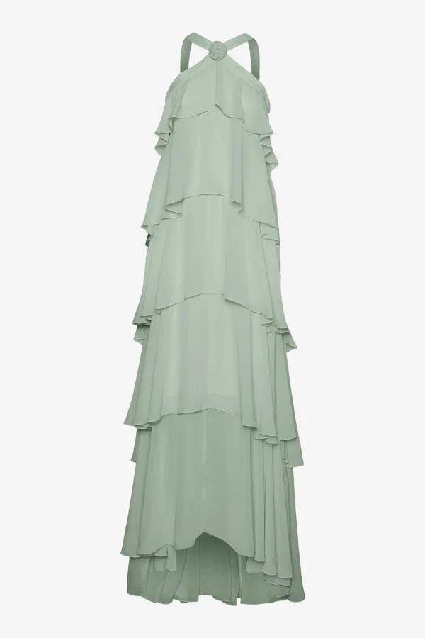 flowy chiffon', 'romantic', 'bridesmaid', 'summer gala', and 'sleeveless A-line gown