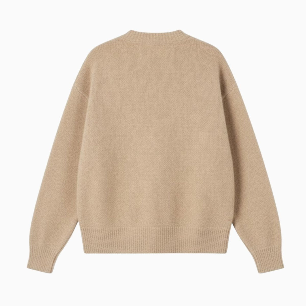 Back view flat lay of a women's beige cashmere sweater, showcasing the ribbed hem and quality construction.