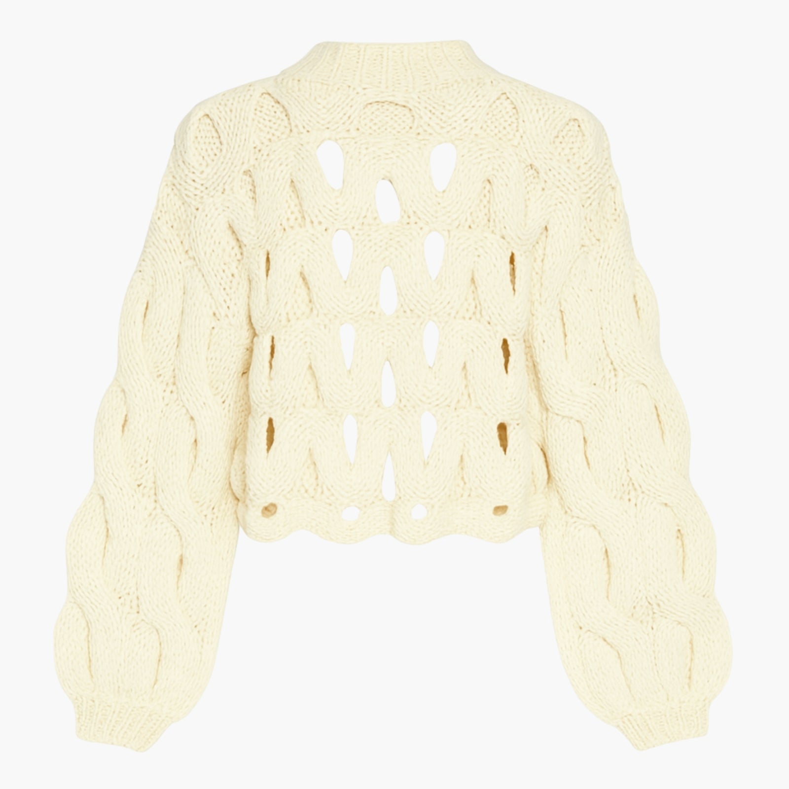 Back view flat lay of the ivory Vanice open-knit sweater, detailing the ribbed mock neck and scalloped hem.