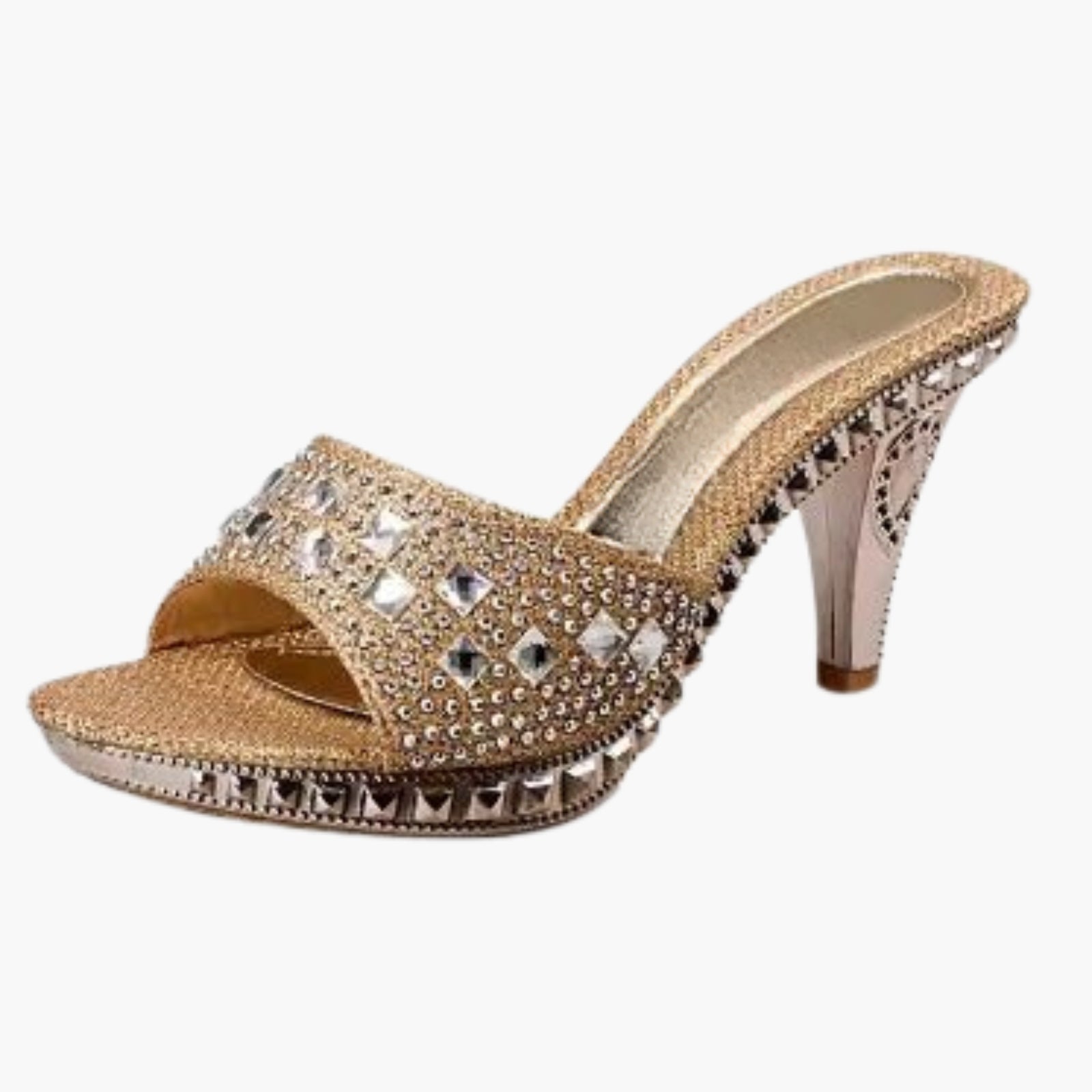 Side view of gold crystal embellished platform mule high heels with an ornate sculptural heel on a white background.