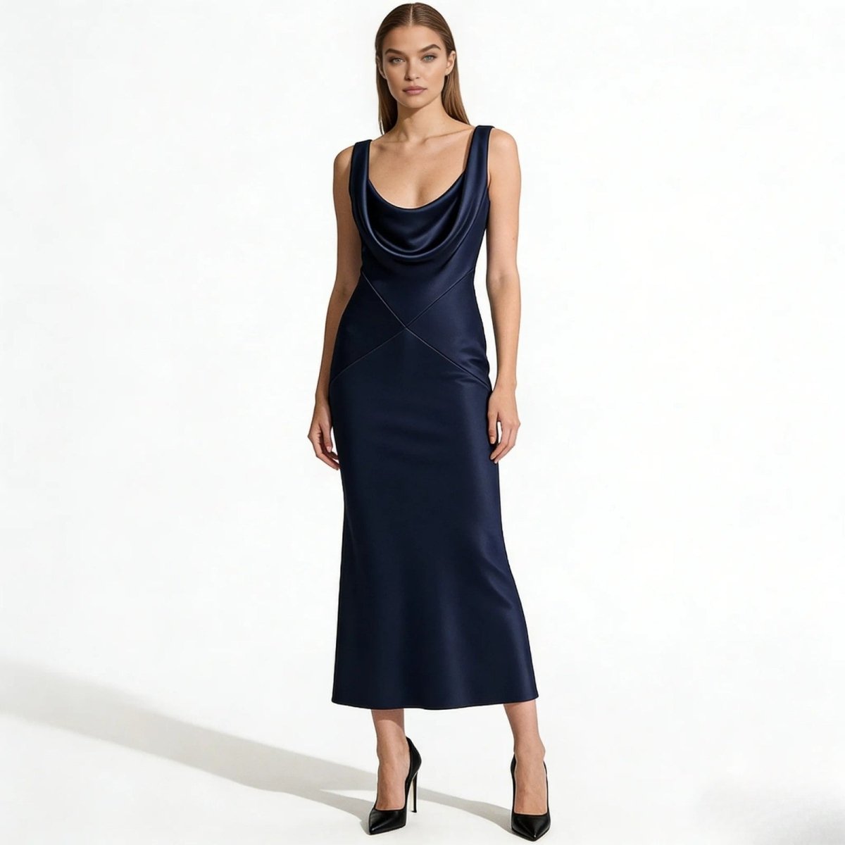 A-Line Floor Length Cowl Neck Classic Satin Dress Dark Navy main image 1