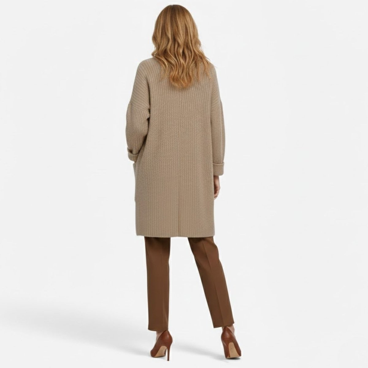 Back view of the women's oversized waffle-knit duster cardigan in taupe by Kouvr Fashion.