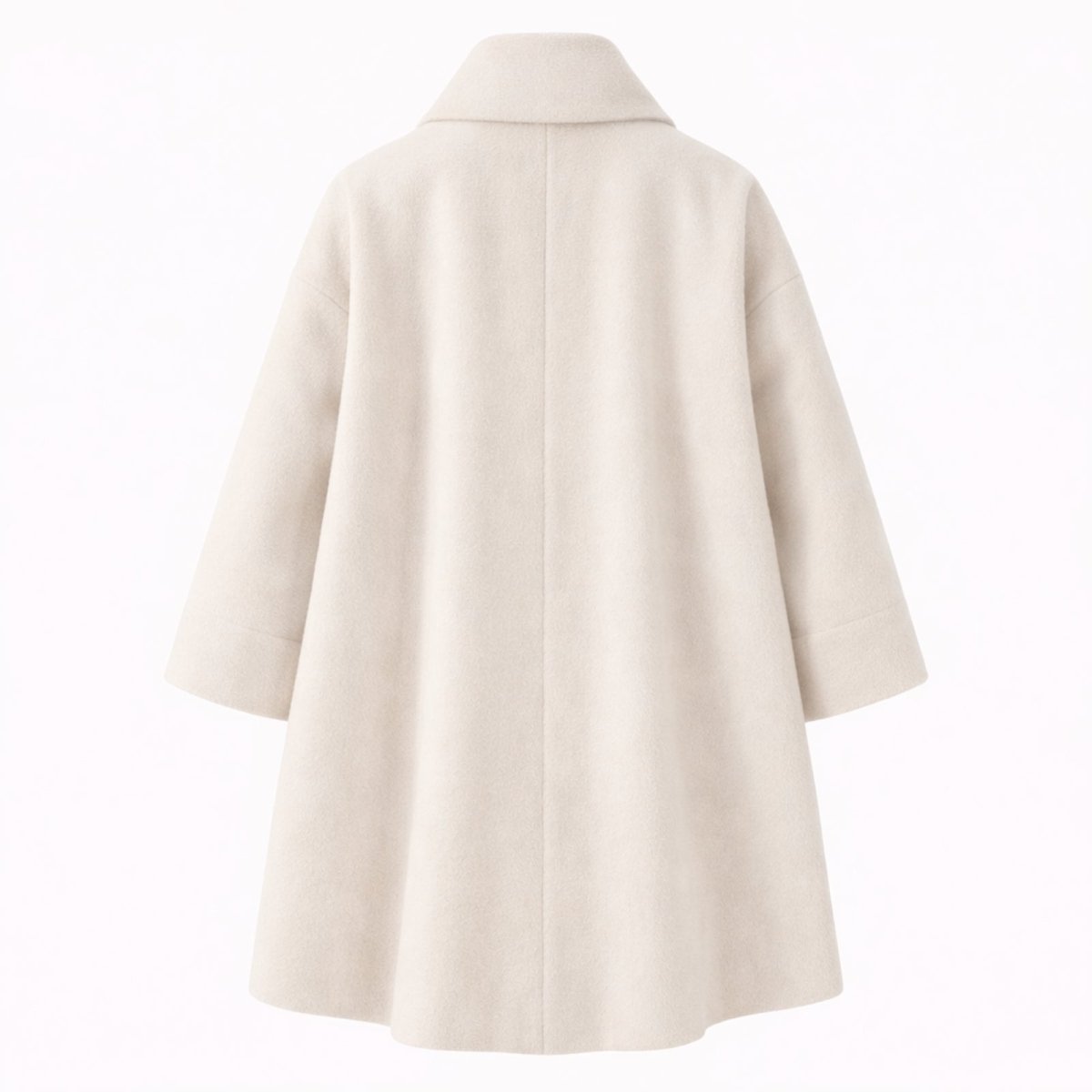 Flat lay back view of the Kouvr Fashion white wool blend coat, highlighting its clean lines and structure.