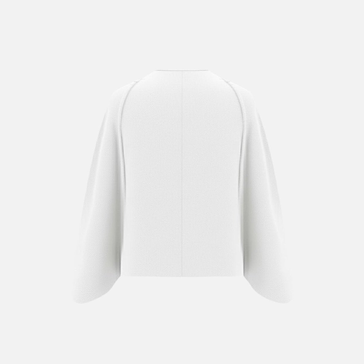 Product-only ghost mannequin image of the Kouvr Fashion white collarless cape jacket, back view, showing seam details.