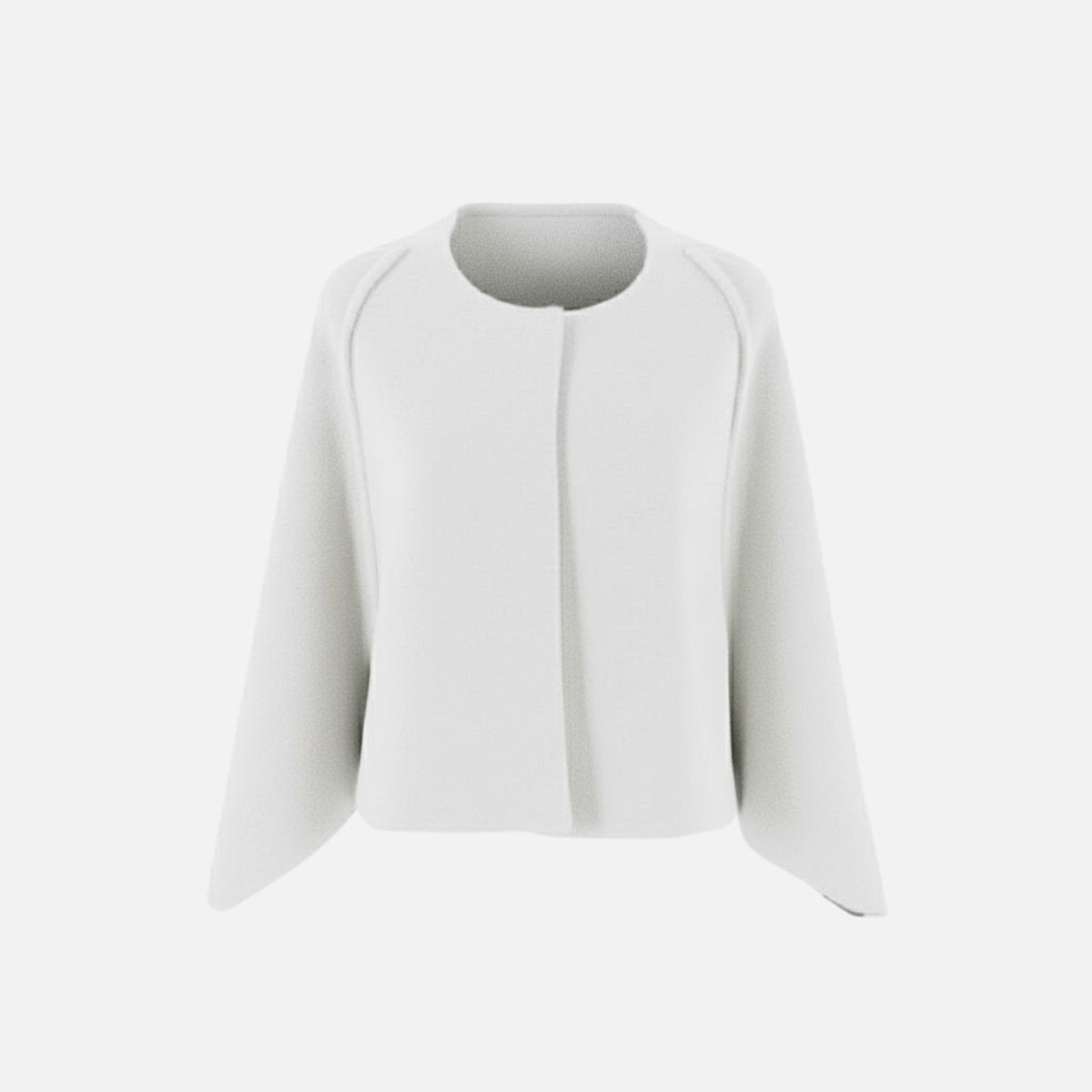 Product-only ghost mannequin image of the Kouvr Fashion white collarless cape jacket, front view.