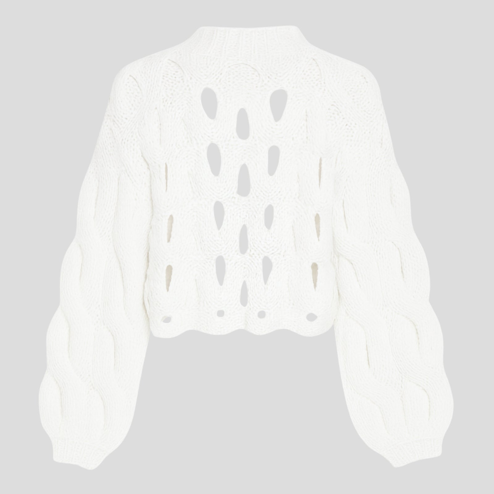 Flatlay product shot of the Kouvr Fashion white cutout chunky knit sweater, back side, on a light grey background.