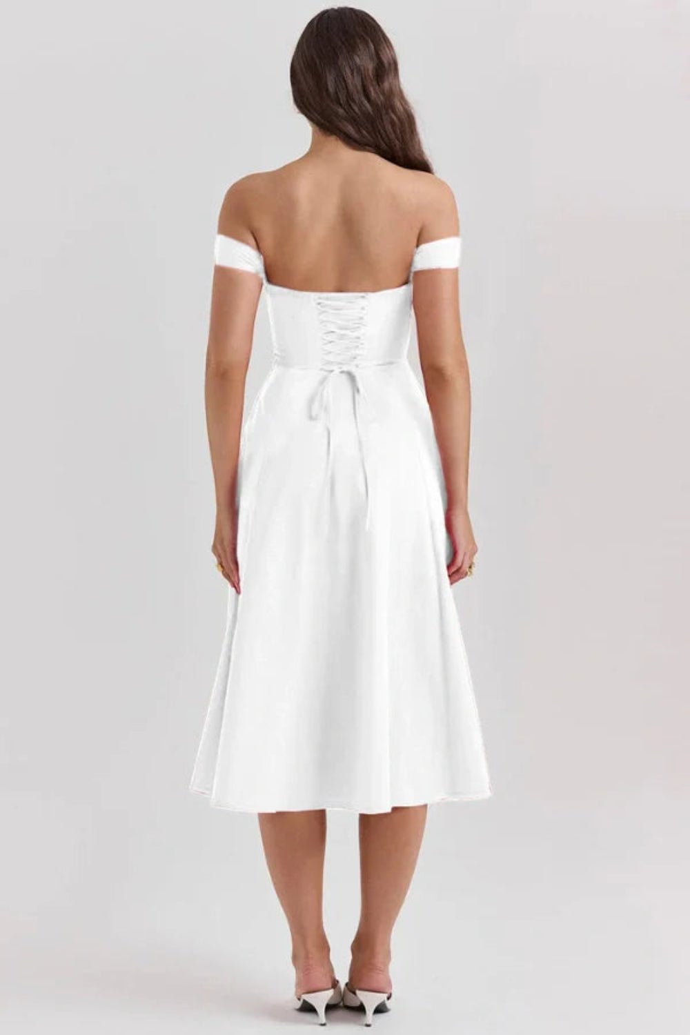 off the shoulder structured dress", "sweetheart neckline dress", "fit and flare white dress", "A-line special occasion dress", "rehearsal dinner outfit", "civil ceremony dress", "luxury white party dress