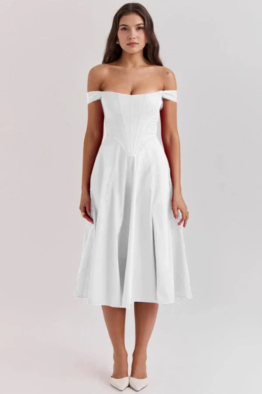 White Corset Midi Dress Off Shoulder with A-Line Skirt | Bridal Shower, Rehearsal Dinner & Cocktail Dress | Structured Bodice with Lace-Up Back by Kouvr White Corset Midi Dress Off Shoulder with A-Line Skirt | Bridal Shower, Rehearsal Dinner & Cocktail Dress | Structured Bodice with Lace-Up Back by Kouvr