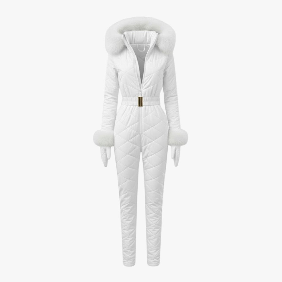 Product-only front view of a white quilted one-piece ski suit with a faux fur hood, cuffs, gloves, and a gold-clasp belt.