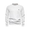 Front view of the Kouvr Fashion white raglan sleeve sweatshirt showing the minimalist logo detail.