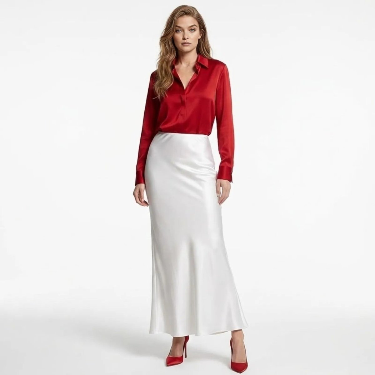 Model wearing the Kouvr Fashion white silk maxi skirt, styled with a red blouse, demonstrating its elegant, fluid drape from the front.