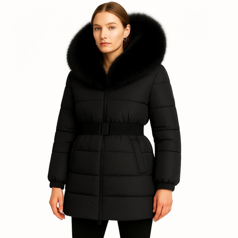 Model wearing Kouvr Fashion belted down puffer coat with oversized white fox fur hood