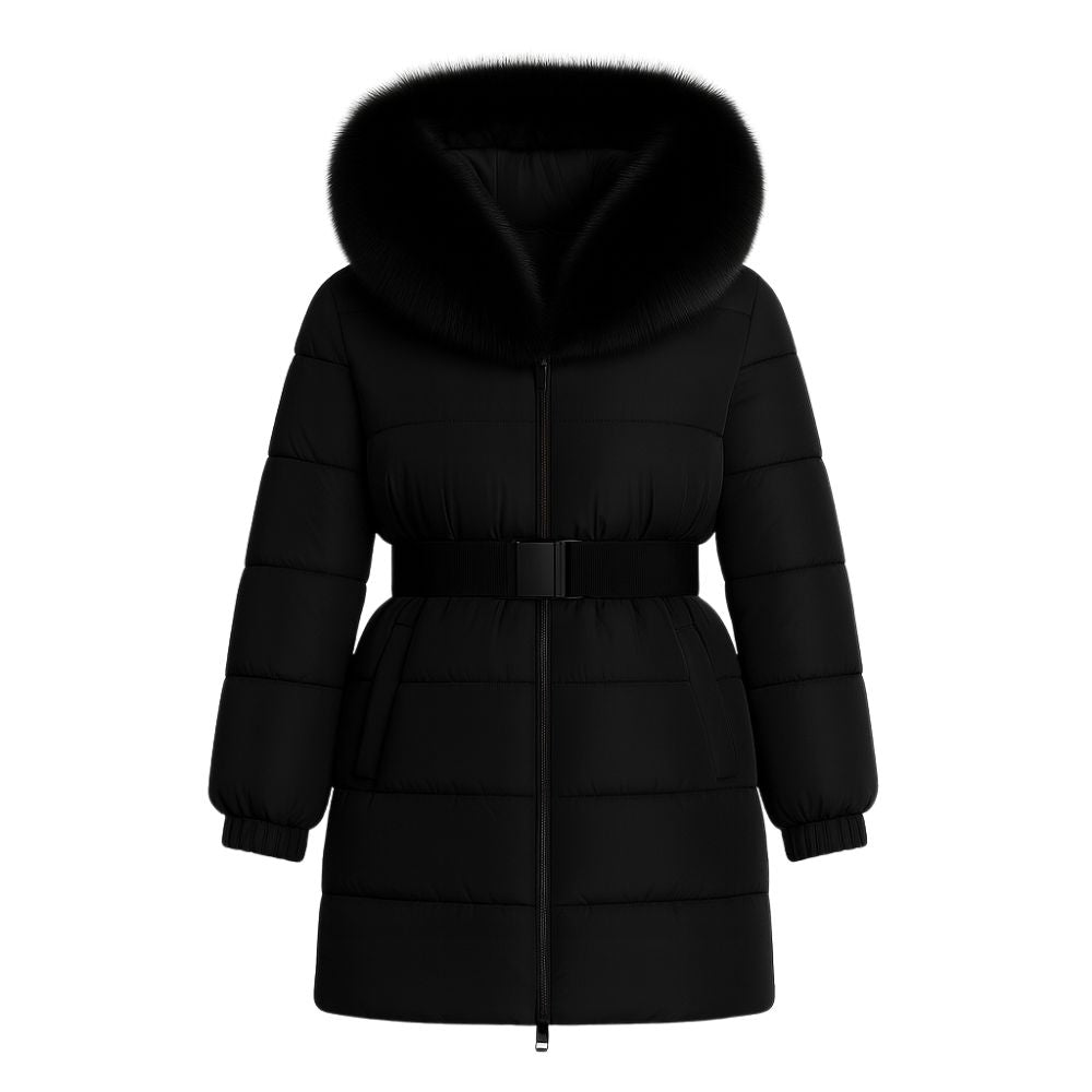 Model wearing Kouvr Fashion belted down puffer coat with oversized white fox fur hood