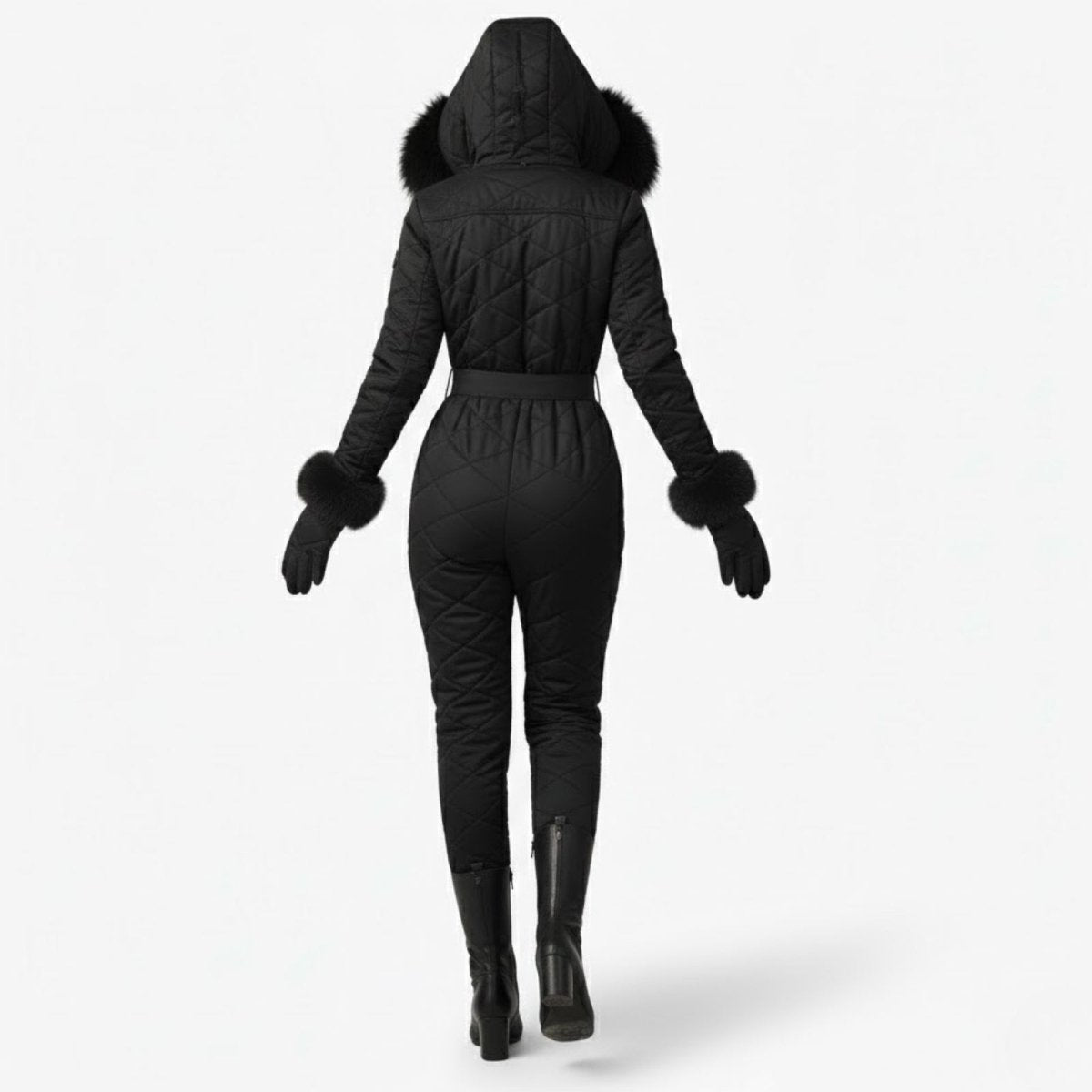 Back view of the Kouvr Fashion black diamond-quilted snowsuit, highlighting the hooded design and belted waist.
