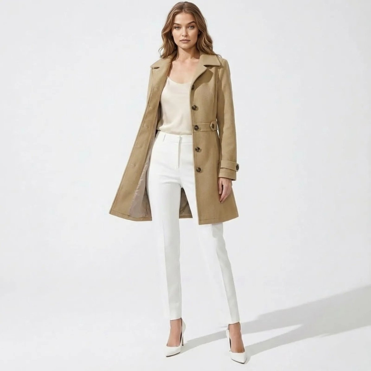 Model wearing the Kouvr Fashion Classic Belted Wool Coat in khaki open over a cream top and white trousers, showing the full length and silhouette.