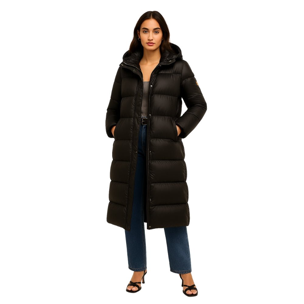 quilted outerwear," "thermal insulation," "cold weather essential," "winter parka," and "elegant down coat
