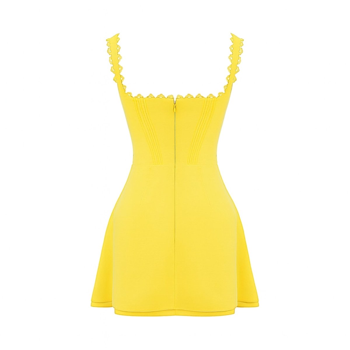 Flat lay showing the back and concealed zipper detail of the Kouvr Fashion yellow structured mini dress.