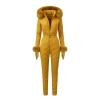 Front view of the Kouvr Fashion quilted ski jumpsuit and matching gloves in yellow laid flat against a white background.