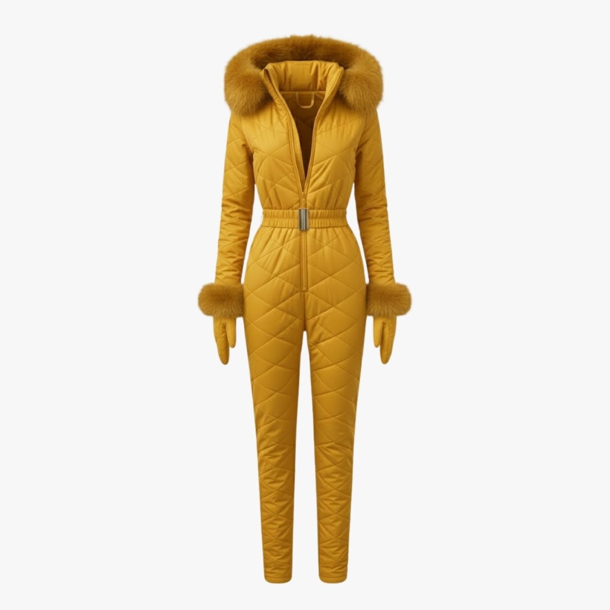 Front view of the Kouvr Fashion quilted ski jumpsuit and matching gloves in yellow laid flat against a white background.