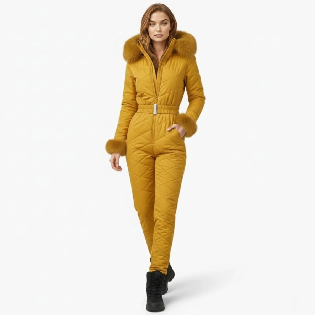 Model walking forward in the Kouvr Fashion yellow quilted ski jumpsuit with a faux fur hood and matching black winter boots.