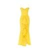 Yellow kouvr evening gown with ruffled details on a white background