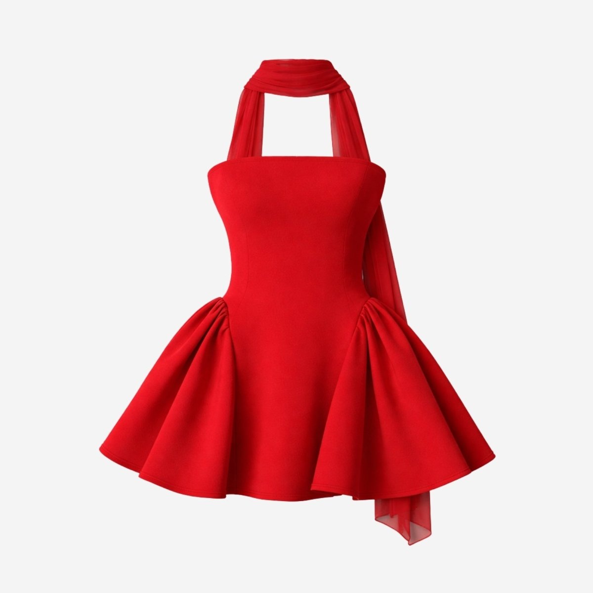 Front product shot of a red strapless mini dress with a flared A-line skirt and an attached choker-style scarf on a white background.