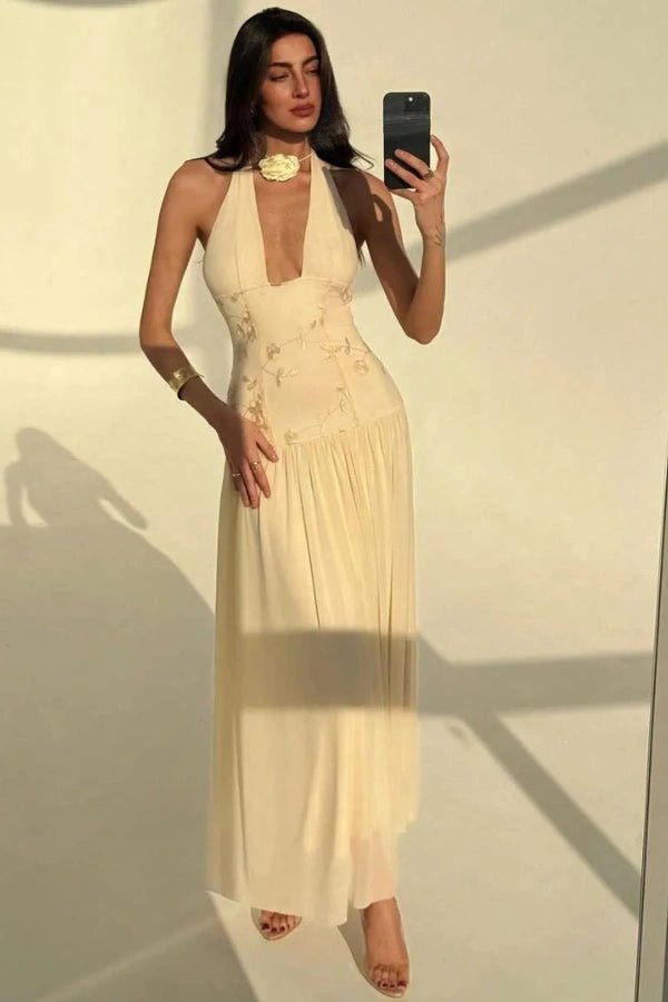 Yellow Embroidered Halter Maxi Dress