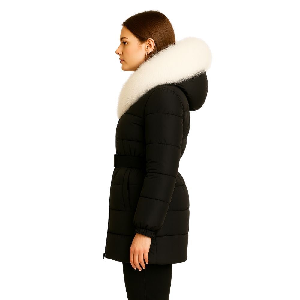 Model wearing Kouvr Fashion belted down puffer coat with oversized white fox fur hood