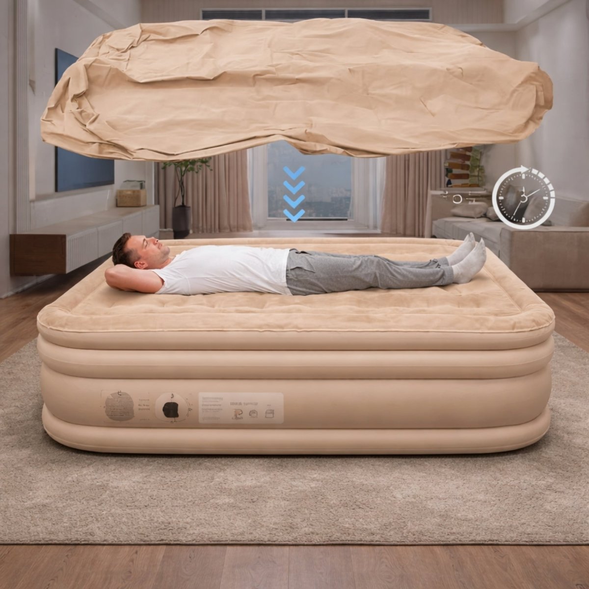 Man lying comfortably on the Kouvr fast inflation air mattress with a floating bedsheet, highlighting the quick setup time.