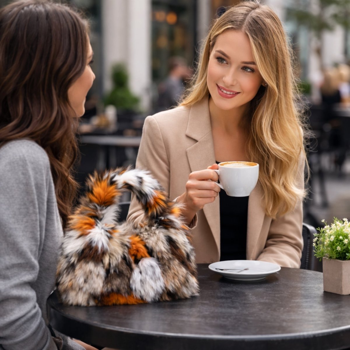 The Kouvr Nerrisa faux fur bag styled on a black cafe table next to a woman holding a cup of coffee.