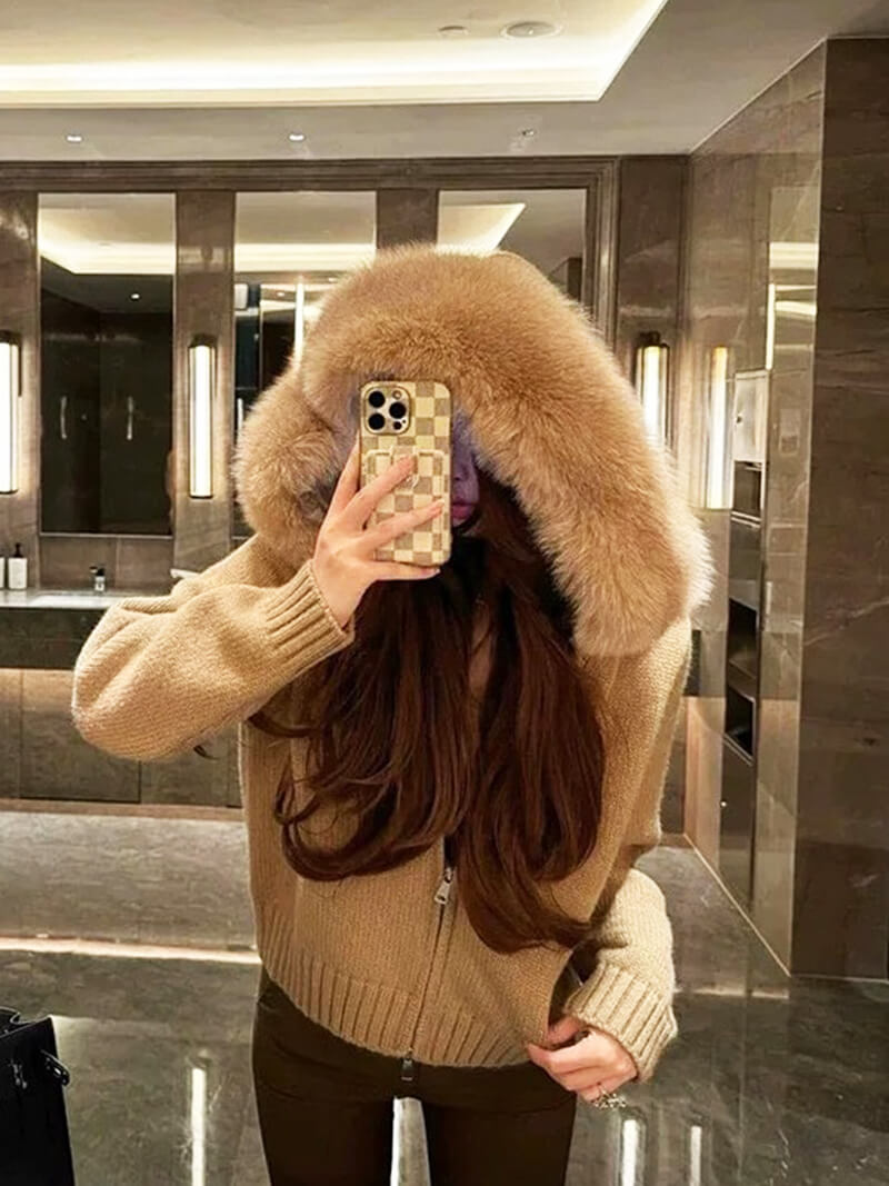 Kouvr Felize Women's Faux Fur Trim Knit Hoodie in Toasted Brown
