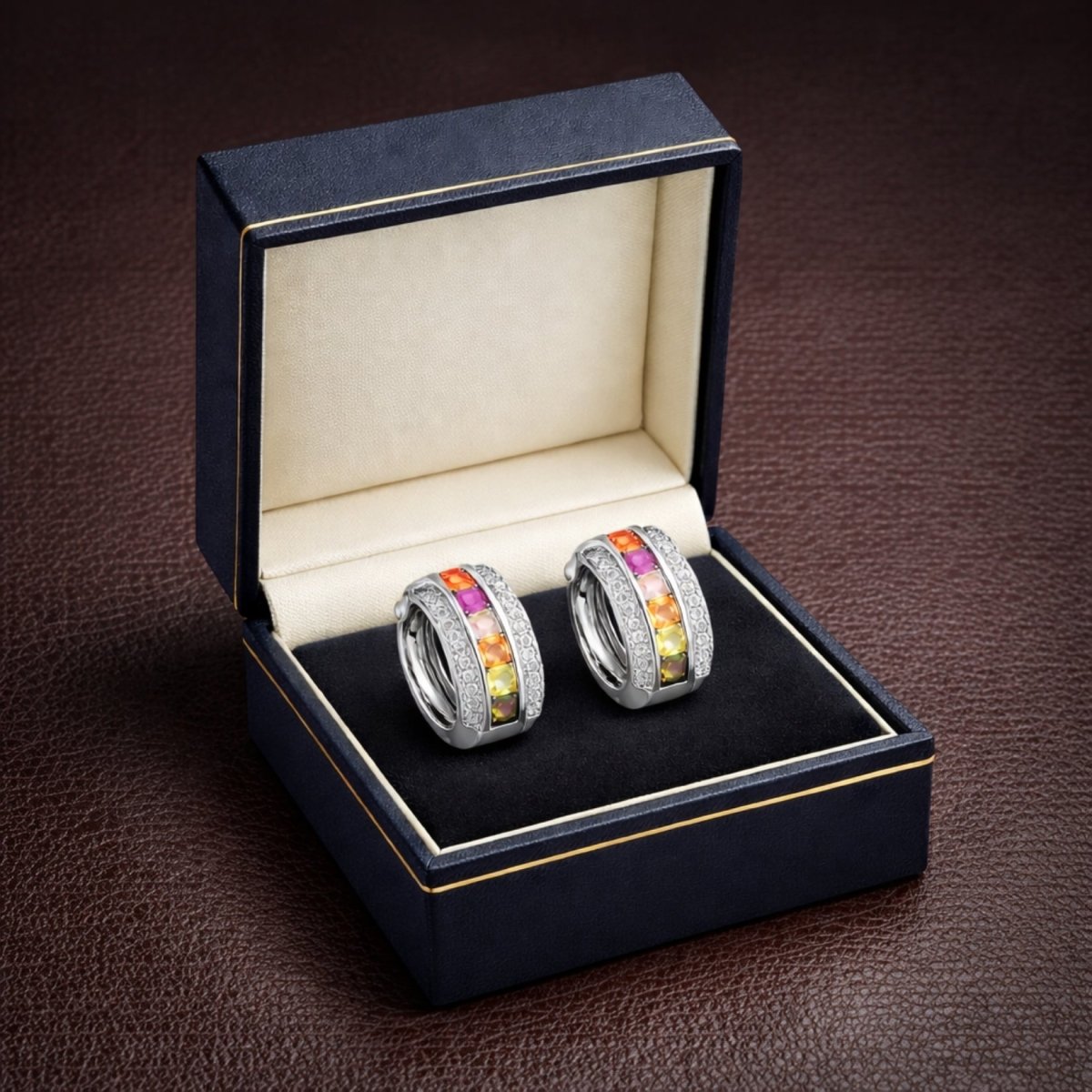 A pair of Kouvr multi-colored gemstone and diamond earrings nestled in a premium dark blue jewelry box for a classic luxury presentation.