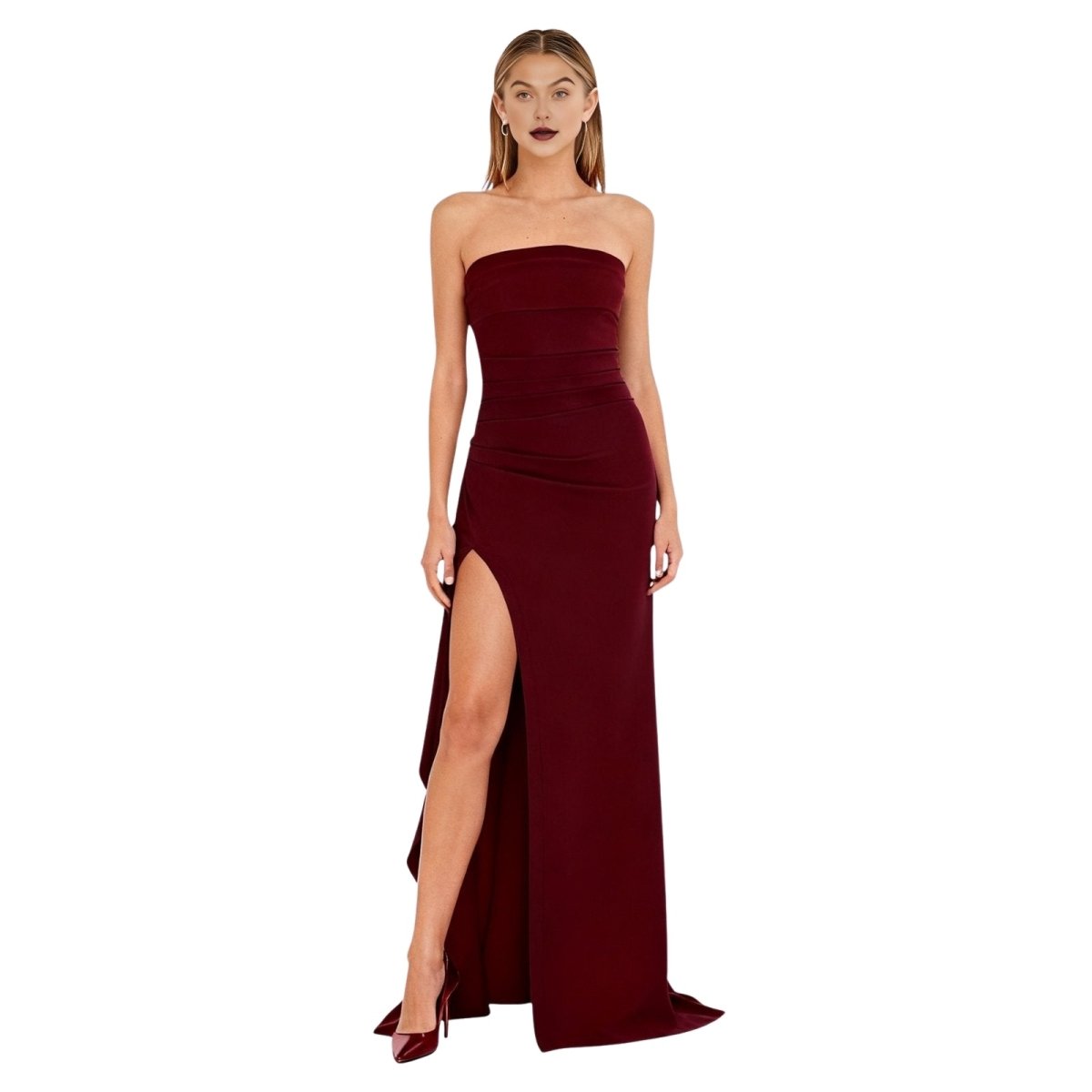 Burgundy kouvr strapless gown with a high slit on a white background