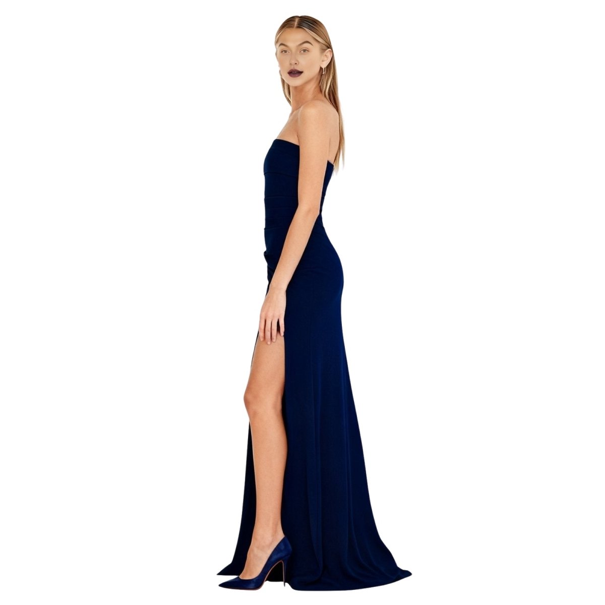 Navy kouvr strapless gown with a high slit on a white background