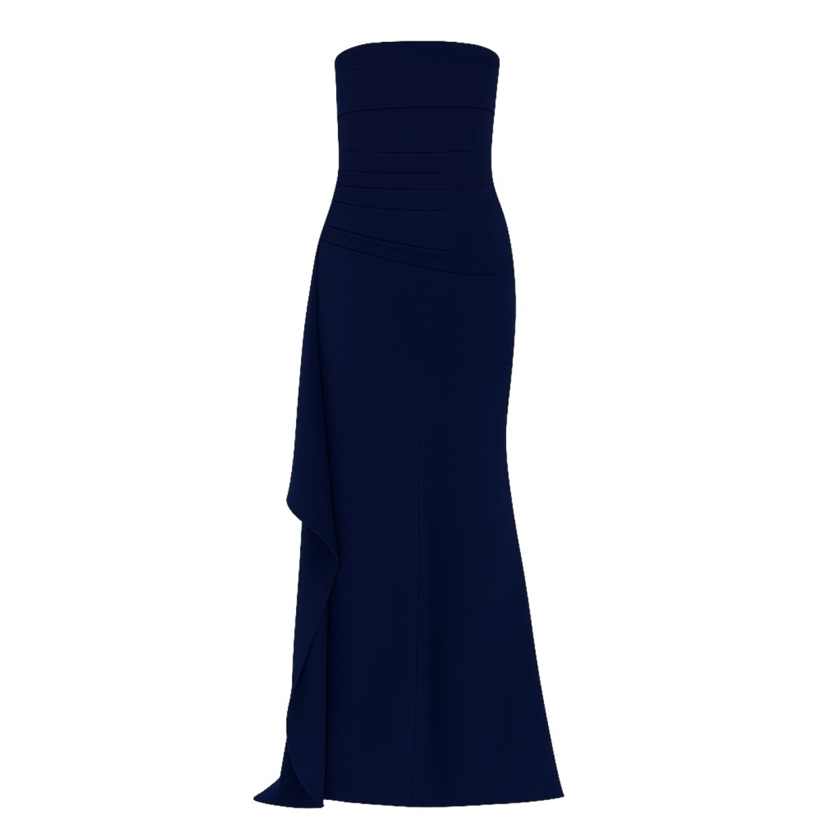 Navy kouvr strapless gown on a white background
