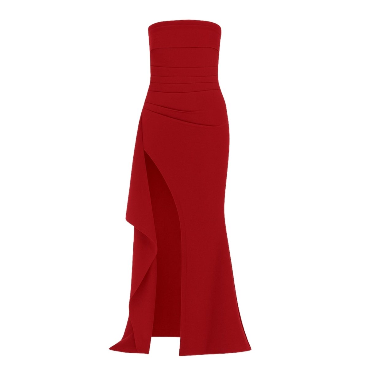Red kouvr strapless gown with a slit on a white background