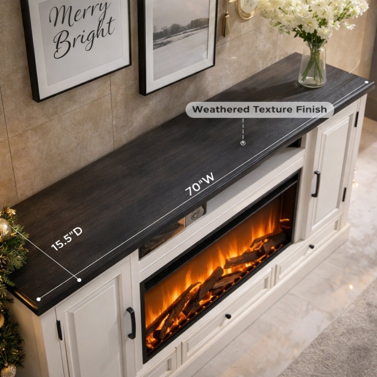 Overhead detail shot of the Kouvr fireplace console showing the 70-inch width and 15.5-inch depth of the weathered black texture finish top.