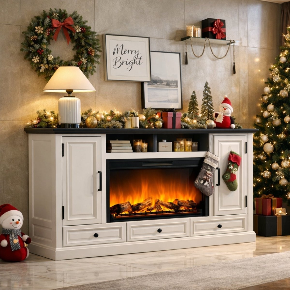 Kouvr 70-inch antique white electric fireplace TV stand decorated for Christmas with a wreath, garland, and stockings in a cozy living room setting.